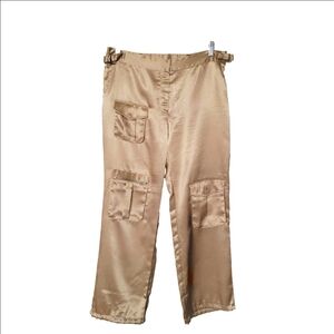 VINTAGE Chic Satin Cargo Trousers in Tan